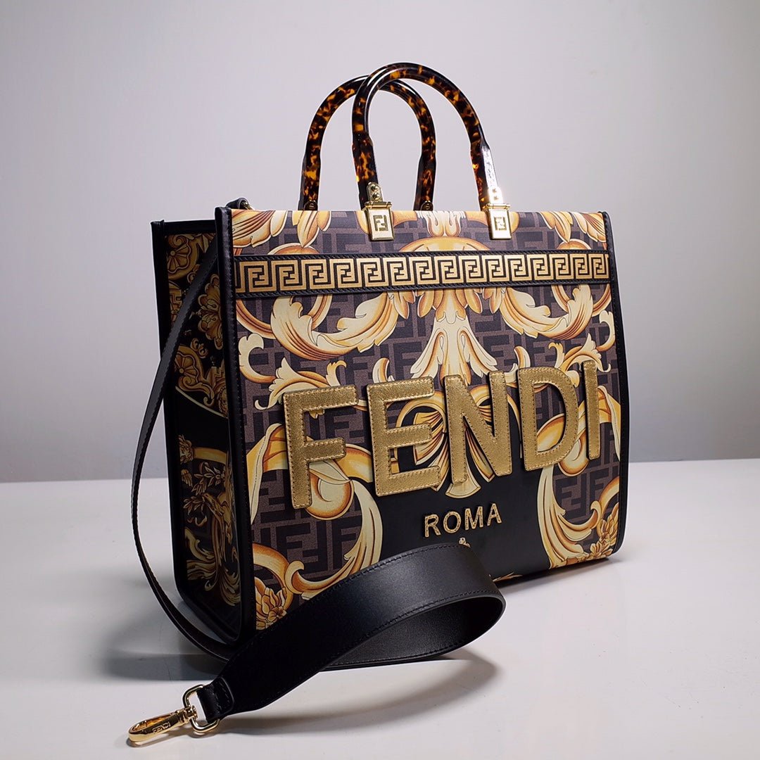 Fendace Sunshine Tote – Luxury Inspired Gold Baroque & FF Motif Design