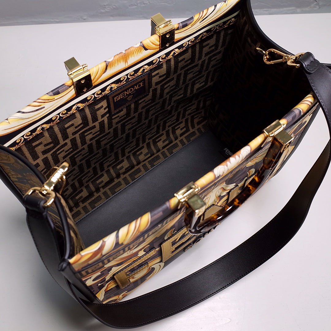 Fendace Sunshine Tote – Luxury Inspired Gold Baroque & FF Motif Design