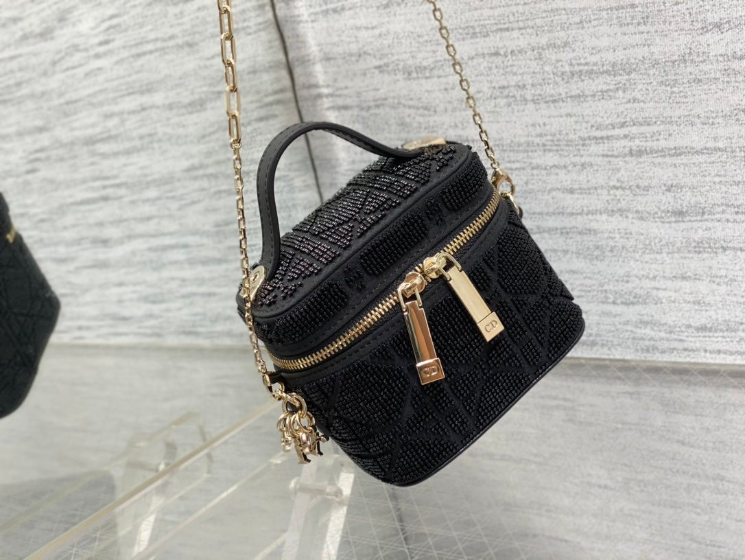 Heavily Beaded Micro Lady Dior Vanity Case Black