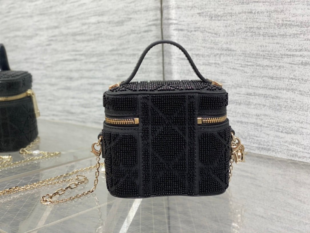 Heavily Beaded Micro Lady Dior Vanity Case Black
