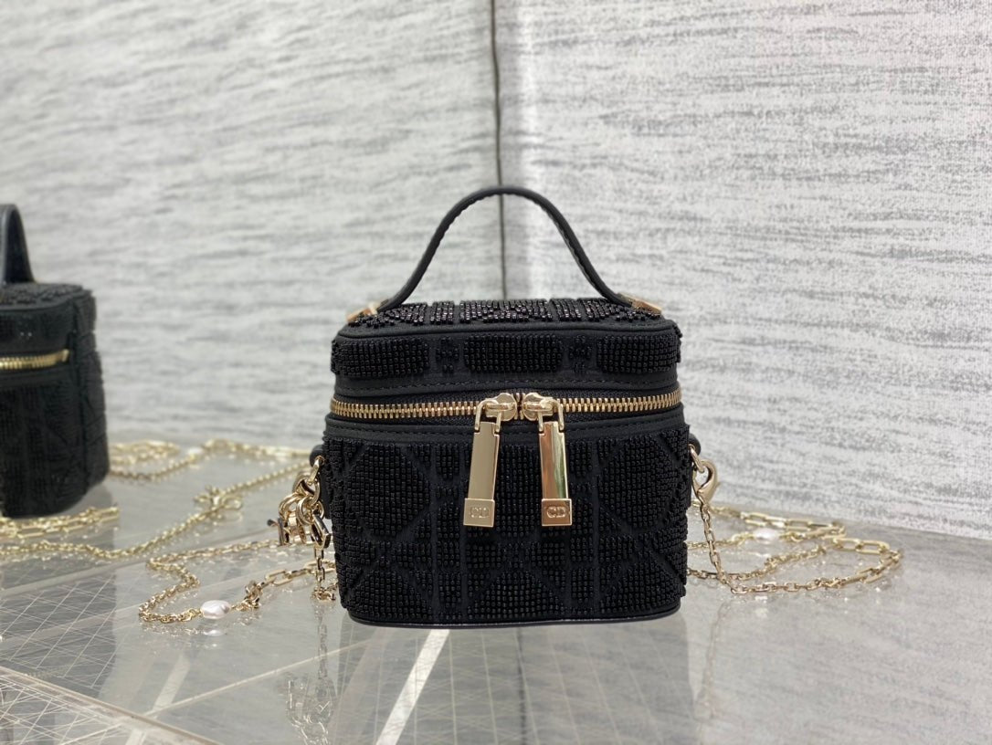 Heavily Beaded Micro Lady Dior Vanity Case Black