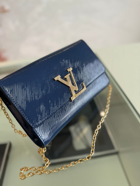 Shiny Blue Epi Leather Chain Pochette – Designer Inspired Bags