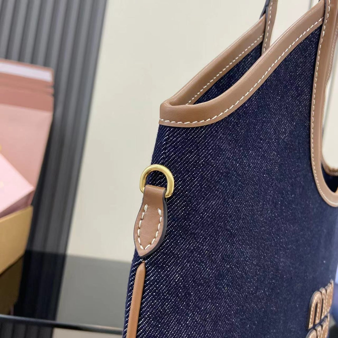 Elegant Denim and Leather Shoulder Tote