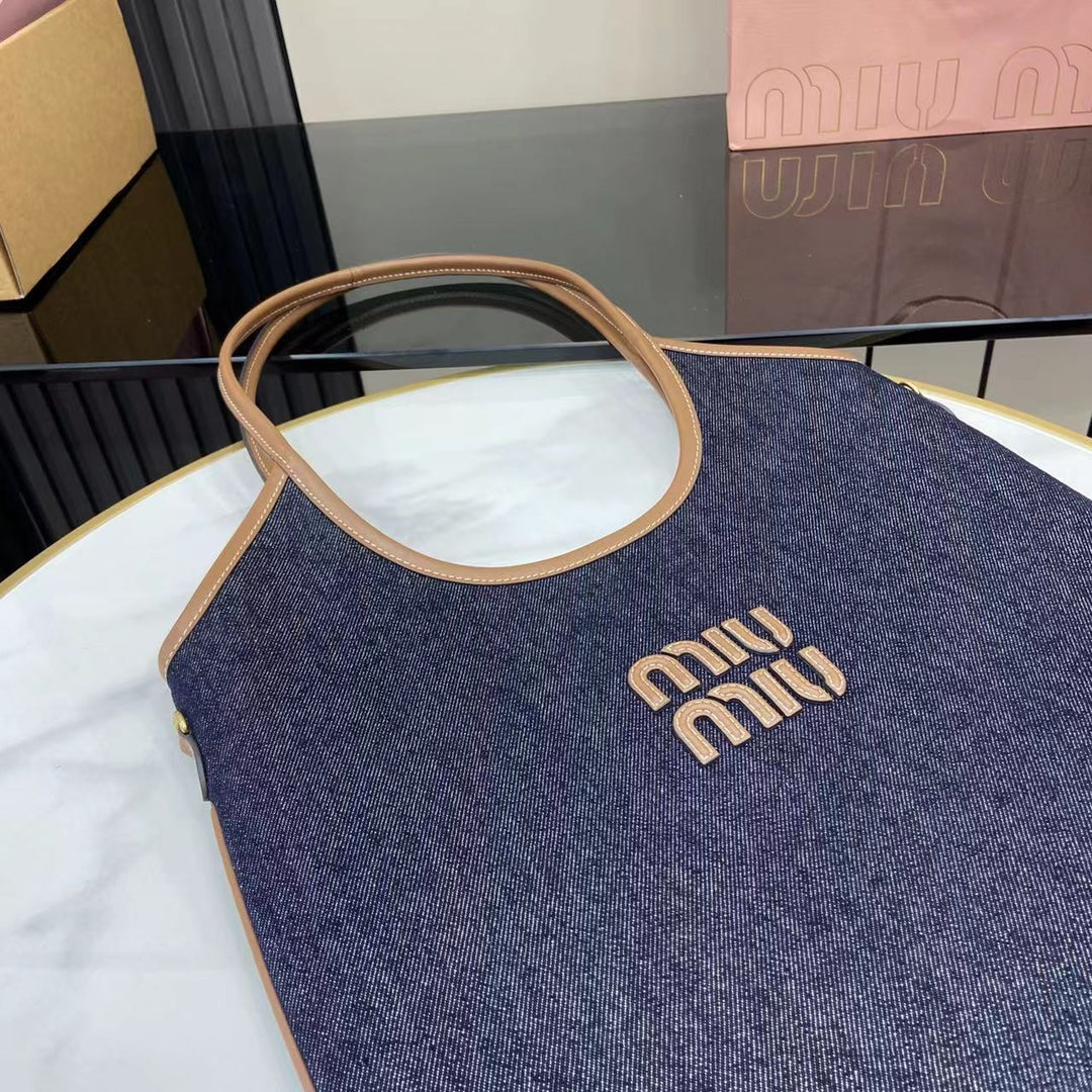 Elegant Denim and Leather Shoulder Tote