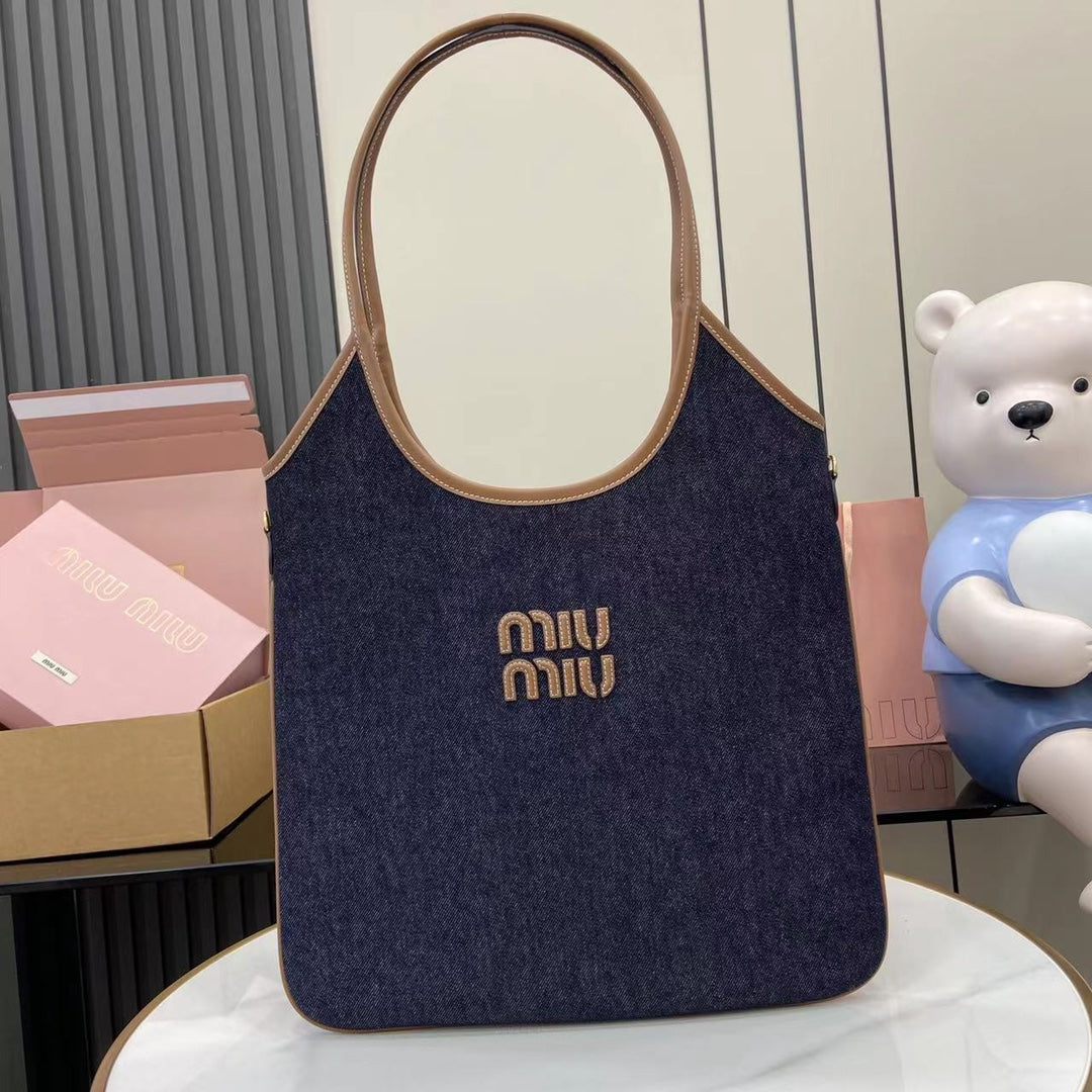 Elegant Denim and Leather Shoulder Tote