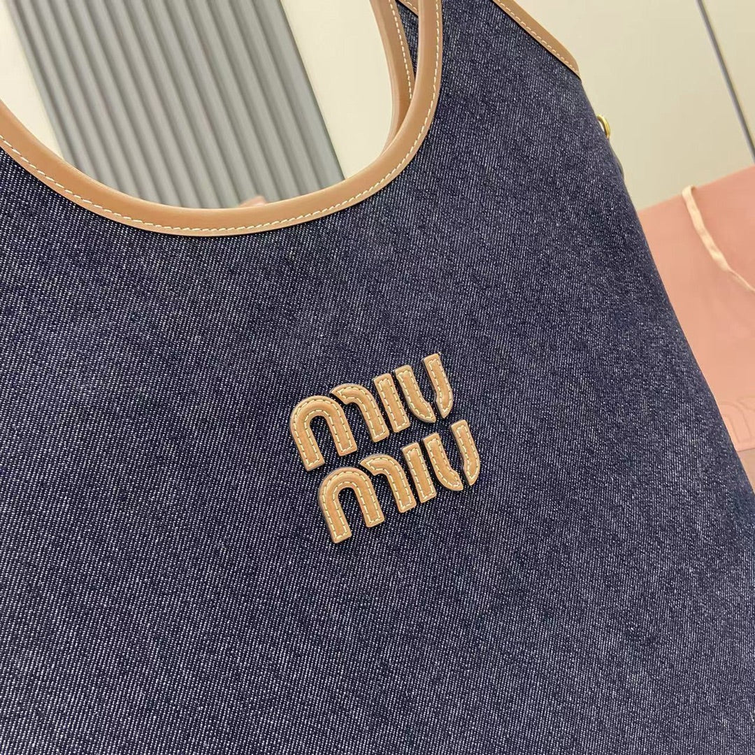 Elegant Denim and Leather Shoulder Tote