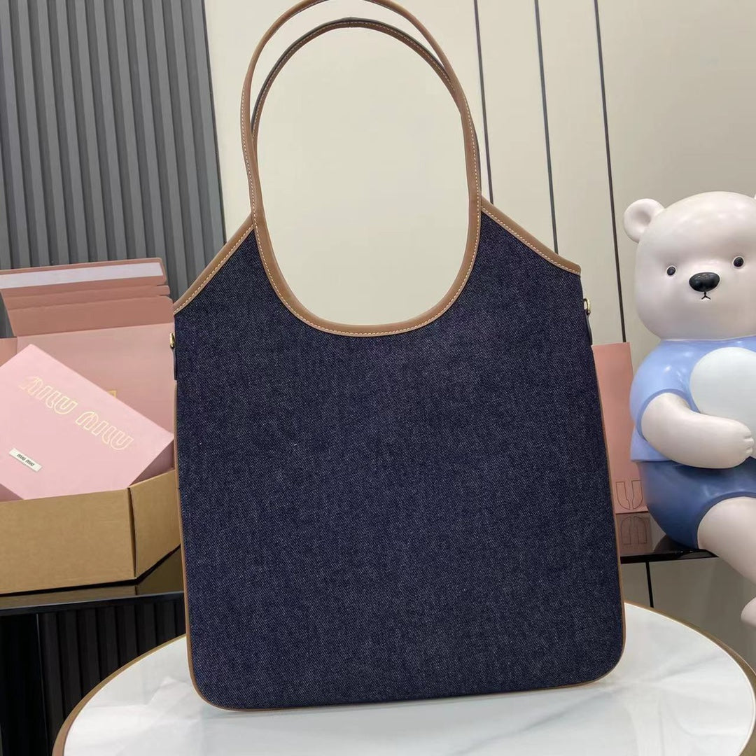 Elegant Denim and Leather Shoulder Tote