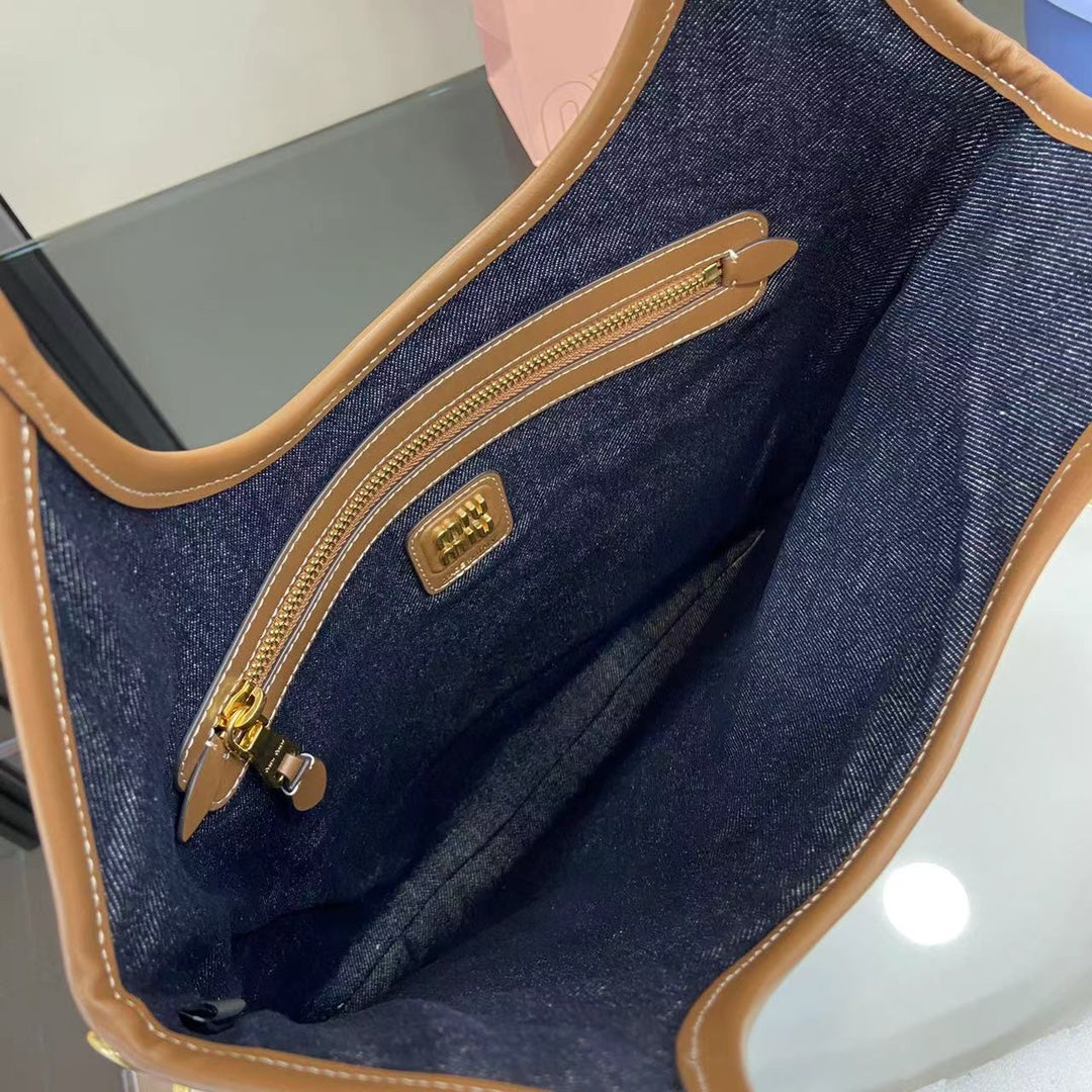Elegant Denim and Leather Shoulder Tote