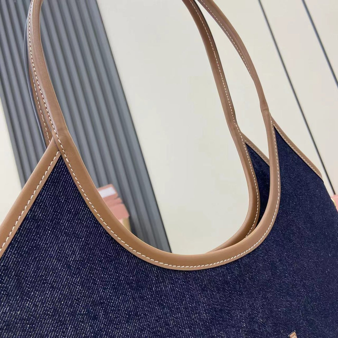 Elegant Denim and Leather Shoulder Tote