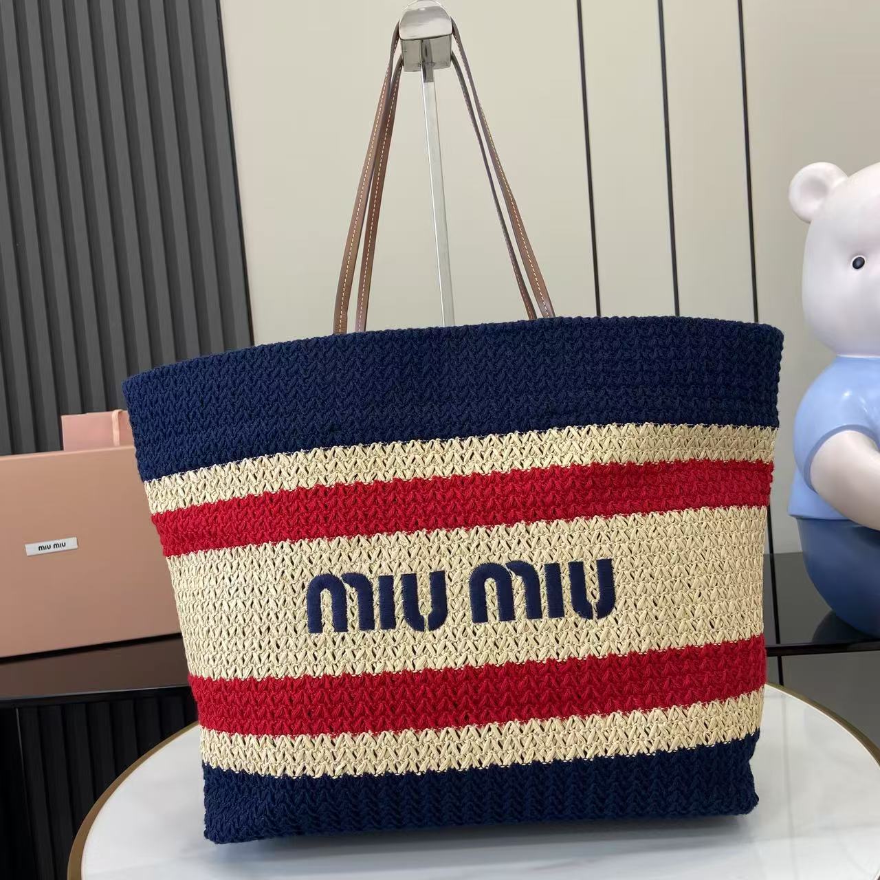 Raffia Crochet Stripe Tote Bag