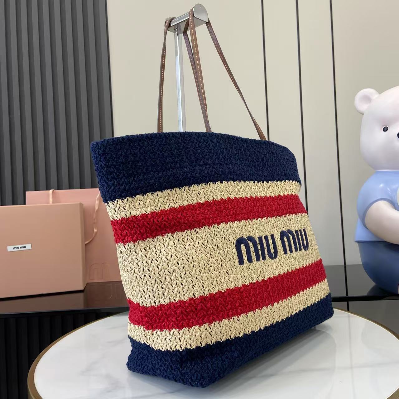 Raffia Crochet Stripe Tote Bag