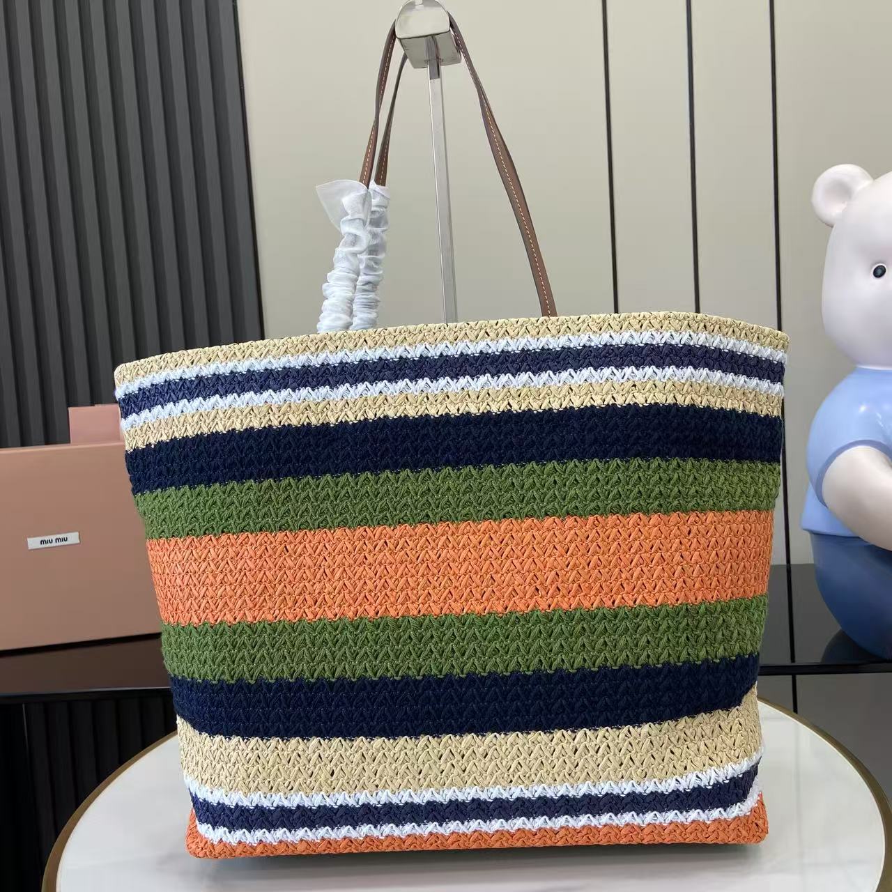 Raffia Crochet Stripe Tote Bag