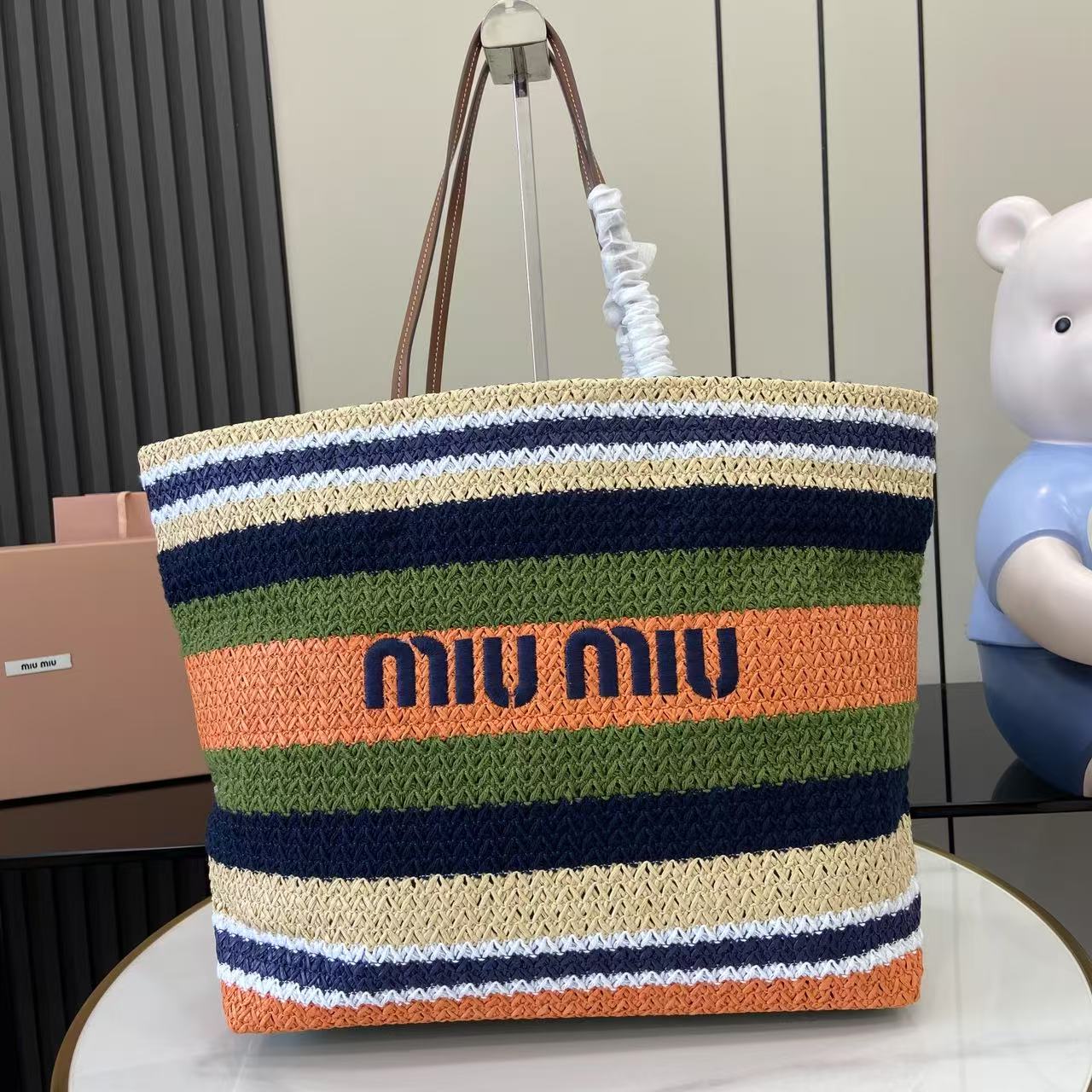 Raffia Crochet Stripe Tote Bag