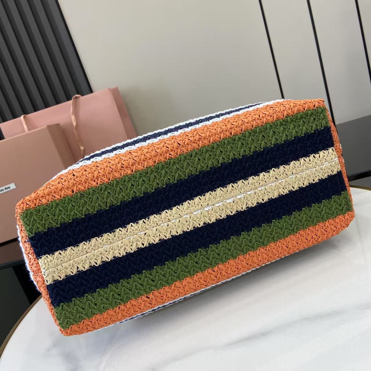 Raffia Crochet Stripe Tote Bag