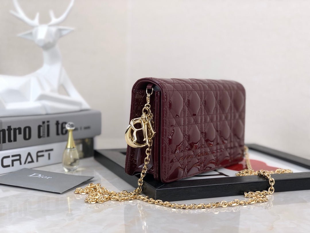 Lady Dior Pouch Patent Cannage Wine Red