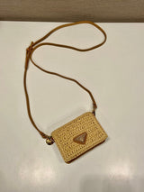 Raffia - Effect Crochet Card Holder with Shoulder Strap – Handwoven Calfskin Mini Bag