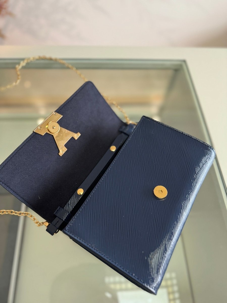 Shiny Blue Epi Leather Chain Pochette – Designer Inspired Bags